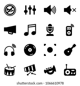 Solid vector icon set - no horn vector road sign, settings, volume max, off, loudspeaker, music, microphone, player, wireless headphones, cd, record button, guitar, drum, xylophone, toy, radio