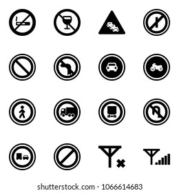 Solid vector icon set - no smoking sign vector, alcohol, multi lane traffic road, parkin odd, prohibition, left turn, car, moto, pedestrian, truck, dangerous cargo, back, overtake, parking, signal