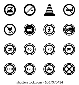 Solid vector icon set - no computer sign vector, smoking, road cone, alcohol, car, pedestrian, truck, speed limit 20, 40, 70, 90, 110, 120, bike, stop
