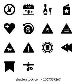 Solid vector icon set - no mobile sign vector, christmas calendar, wine, star postcard, heart, money back, slippery road, railway intersection, cow, attention, dangerous cargo, fast backward, flag