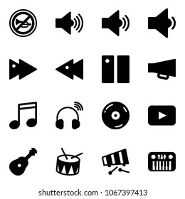 Solid vector icon set - no horn vector road sign, volume max, medium, low, fast forward, backward, pause, loudspeaker, music, wireless headphones, cd, playback, guitar, drum, xylophone, toy piano