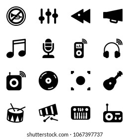 Solid vector icon set - no horn vector road sign, settings, fast backward, loudspeaker, music, microphone, player, wireless headphones, speaker, cd, record button, guitar, drum, xylophone, toy piano