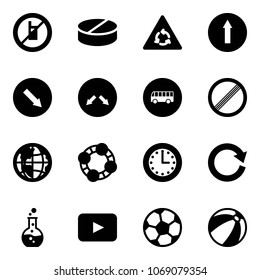 Solid vector icon set - no mobile sign vector, pill, round motion road, only forward, detour, bus, limit, globe, friends, time, reload, flask, playback, soccer ball, beach
