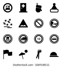 Solid vector icon set - no computer sign vector, first aid room, christmas glove, hat, sale, rough road, prohibition, trailer, dangerous cargo, truck, speed limit 10, bus, flag, beach, plumber