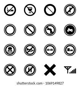 Solid vector icon set - no smoking sign vector, alcohol, prohibition road, parkin odd, left turn, moto, dangerous cargo, horn, overtake, truck, stop, parking even, delete, fine signal