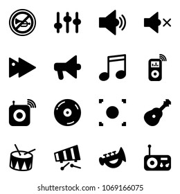 Solid vector icon set - no horn vector road sign, settings, volume medium, off, fast forward, loudspeaker, music, player, wireless speaker, cd, record button, guitar, drum, xylophone, toy, radio