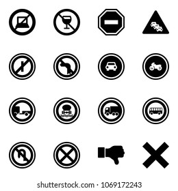 Solid vector icon set - no computer sign vector, alcohol, way road, multi lane traffic, parkin odd, left turn, car, moto, trailer, dangerous cargo, truck, bus, back, stop, dislike, delete