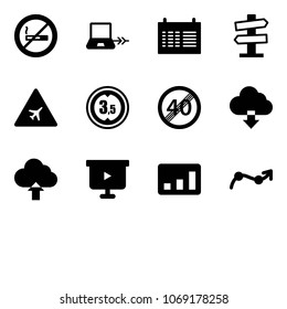 Solid vector icon set - no smoking sign vector, notebook connect, schedule, road signpost, airport, limited height, end speed limit, download cloud, upload, presentation board, statistics