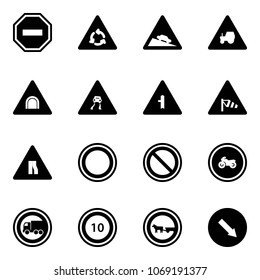 Solid vector icon set - no way vector road sign, round motion, steep descent, tractor, tunnel, slippery, intersection, side wind, narrows, prohibition, moto, truck, speed limit 10, cart horse
