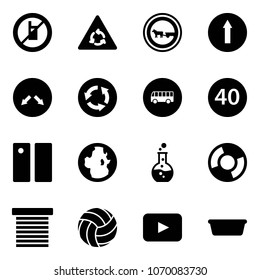 Solid vector icon set - no mobile sign vector, round motion road, cart horse, only forward, detour, circle, bus, minimal speed limit, pause, globe, flask, chart, jalousie, volleyball, playback