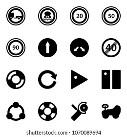 Solid vector icon set - no trailer vector road sign, dangerous cargo, speed limit 20, 50, 90, only forward, detour, end, lifebuoy, reload, play, pause, community, Angular grinder, baby car