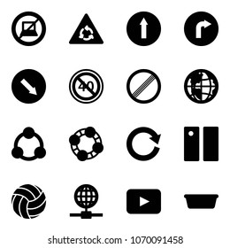 Solid vector icon set - no computer sign vector, round motion road, only forward, right, detour, end minimal speed limit, globe, social, friends, reload, pause, volleyball, playback, basin
