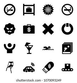 Solid vector icon set - no smoking sign vector, baggage room, firework, virus, money case, delete cross, standby, success, drink, swimming, photo, kite, car wireless, usb wi fi, conveyor