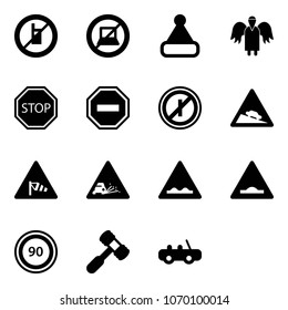 Solid vector icon set - no mobile sign vector, computer, christmas hat, angel, stop road, way, parkin odd, steep descent, side wind, gravel, rough, artificial unevenness, speed limit 90, toy hammer
