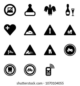 Solid vector icon set - no computer sign vector, christmas hat, angel, wine, heart, steep descent road, traffic light, railway intersection, side wind, gravel, narrows, moto, dangerous cargo, bike