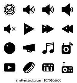 Solid vector icon set - no horn vector road sign, volume max, medium, low, off, play, fast forward, backward, record, loudspeaker, music, wireless speaker, playback, tambourine, toy piano, radio