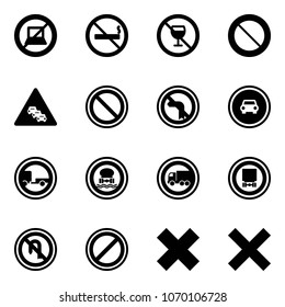 Solid vector icon set - no computer sign vector, smoking, alcohol, prohibition road, multi lane traffic, left turn, car, trailer, dangerous cargo, truck, back, parking, delete cross
