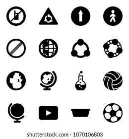 Solid vector icon set - no mobile sign vector, round motion road, only forward, pedestrian way, limit, globe, social, friends, flask, volleyball, playback, basin, soccer ball