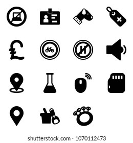 Solid vector icon set - no computer sign vector, identity, dog, medical label, pound, bike road, parking even, low volume, map pin, flask, mouse wireless, micro flash card, navigation, shovel bucket
