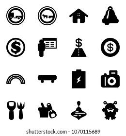 Solid vector icon set - no trailer vector road sign, cart horse, home, bell, dollar, presentation, rainbow, skateboard, battery, camera, shovel fork toy, bucket, wirligig, monster