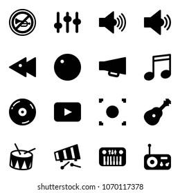Solid vector icon set - no horn vector road sign, settings, volume max, medium, fast backward, record, loudspeaker, music, cd, playback, button, guitar, drum, xylophone, toy piano, radio