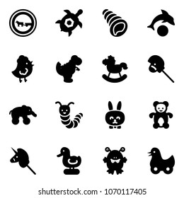 Solid vector icon set - no cart horse vector road sign, sea turtle, shell, dolphin, chicken toy, dinosaur, rocking, stick, elephant wheel, caterpillar, rabbit, bear, unicorn, duck, monster