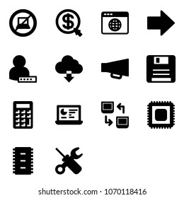 Solid vector icon set - no computer sign vector, money click, browser globe, right arrow, user password, download cloud, loudspeaker, save, calculator, statistics monitor, data exchange, cpu, chip