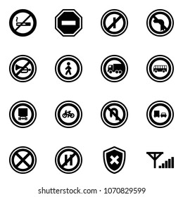 Solid vector icon set - no smoking sign vector, way road, parkin odd, left turn, horn, pedestrian, truck, bus, dangerous cargo, bike, back, overtake, stop, parking even, shield cross, fine signal