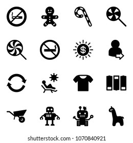 Solid vector icon set - no smoking sign vector, cake man, lollipop, dollar sun, user login, refresh, beach, t shirt, battery, wheelbarrow, robot, toy giraffe