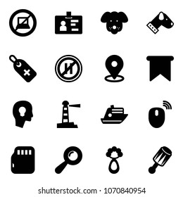 Solid vector icon set - no computer sign vector, identity, dog, medical label, parking even road, map pin, flag, head bulb, lighthouse, cruiser, mouse wireless, micro flash card, beanbag