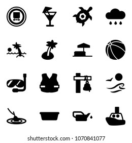 Solid vector icon set - no dangerous cargo vector road sign, drink, sea turtle, rain cloud, palm, inflatable pool, ball, diving, life vest, ship bell, waves, fishing, basin, oiler, toy boat