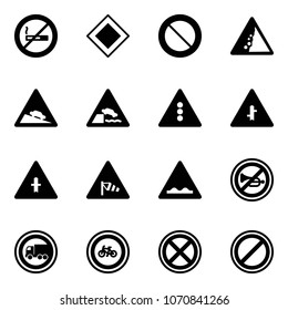 Solid vector icon set - no smoking sign vector, main road, prohibition, landslide, steep descent, embankment, traffic light, intersection, side wind, rough, horn, truck, bike, stop, parking