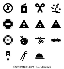 Solid vector icon set - no mobile sign vector, star postcard, santa stick, christmas sale, way road, traffic light, slippery, attention, speed limit 100, moon flag, opening, cabrio, laser, plumber