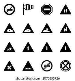 Solid vector icon set - no smoking sign vector, side wind, way road, oncoming traffic, climb, steep descent, roadside, abrupt turn right, children, intersection, railway, rough, end overtake limit