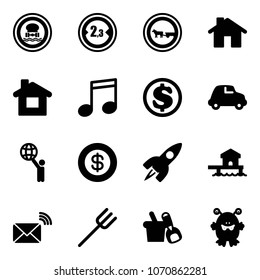 Solid vector icon set - no dangerous cargo vector road sign, limited width, cart horse, home, music, dollar, car, world, rocket, bungalow, wireless mail, farm fork, shovel bucket, toy monster