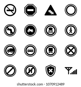 Solid vector icon set - no smoking sign vector, way road, multi lane traffic, prohibition, left turn, moto, dangerous cargo, pedestrian, truck, bus, stop, parking, even, shield cross, fine signal