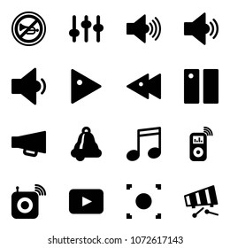 Solid vector icon set - no horn vector road sign, settings, volume max, medium, low, play, fast backward, pause, loudspeaker, bell, music, player, wireless speaker, playback, record button