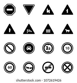 Solid vector icon set - no way vector road sign, giving, intersection, side wind, railway, cow, prohibition, car, limited height, speed limit 10, 60, cart horse, end overtake, stop