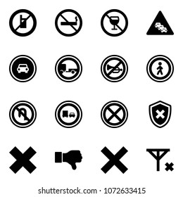 Solid vector icon set - no mobile sign vector, smoking, alcohol, multi lane traffic road, car, trailer, horn, pedestrian, turn back, truck overtake, stop, shield cross, delete, dislike, signal