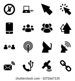Solid vector icon set - no mobile sign vector, notebook connect, cursor, phone, group, arrow up, information exchange, antenna, satellite, wireless mail, link