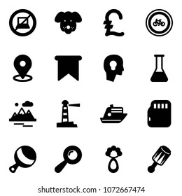 Solid vector icon set - no computer sign vector, dog, pound, bike road, map pin, flag, head bulb, flask, mountains, lighthouse, cruiser, micro flash card, beanbag