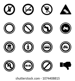 Solid vector icon set - no mobile sign vector, smoking, alcohol, multi lane traffic road, prohibition, left turn, moto, dangerous cargo, pedestrian, bus, bike, back, overtake, parking, dislike