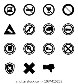 Solid vector icon set - no computer sign vector, smoking, alcohol, prohibition road, multi lane traffic, parkin odd, truck, bus, dangerous cargo, turn back, overtake, stop, shield cross, delete