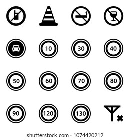 Solid vector icon set - no mobile sign vector, road cone, smoking, alcohol, car, speed limit 10, 30, 40, 50, 60, 70, 80, 90, 120, 130, signal