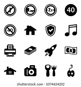 Solid vector icon set - no parkin odd, trailer vector road sign, limited width, minimal speed limit, end, home, shield check, music, printer, dollar, rocket, money, camera, shovel fork toy, yoyo