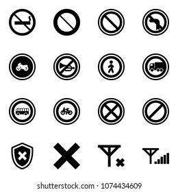 Solid vector icon set - no smoking sign vector, prohibition road, left turn, moto, horn, pedestrian, truck, bus, bike, stop, parking, shield cross, delete, signal, fine