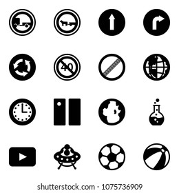 Solid vector icon set - no trailer vector road sign, cart horse, only forward, right, circle, end minimal speed limit, globe, time, pause, round flask, playback, ufo toy, soccer ball, beach