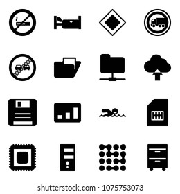 Solid vector icon set - no smoking sign vector, hotel, main road, truck, end overtake limit, folder, network, upload cloud, save, statistics, swimming, sim, cpu, server, circuit, tool cabinet