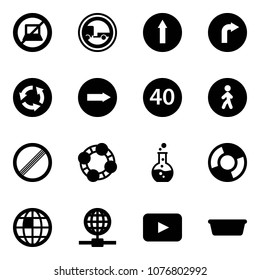 Solid vector icon set - no computer sign vector, trailer road, only forward, right, circle, minimal speed limit, pedestrian way, friends, round flask, chart, globe, playback, basin