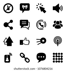 Solid vector icon set - no mobile sign vector, bow message, cursor, volume medium, share, chat, phone horn, group, arrow up, finger, first satellite, antenna, identity card, link, circuit
